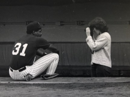Arlene Schulman photographing New York Yankees outfielder Dave Winfield